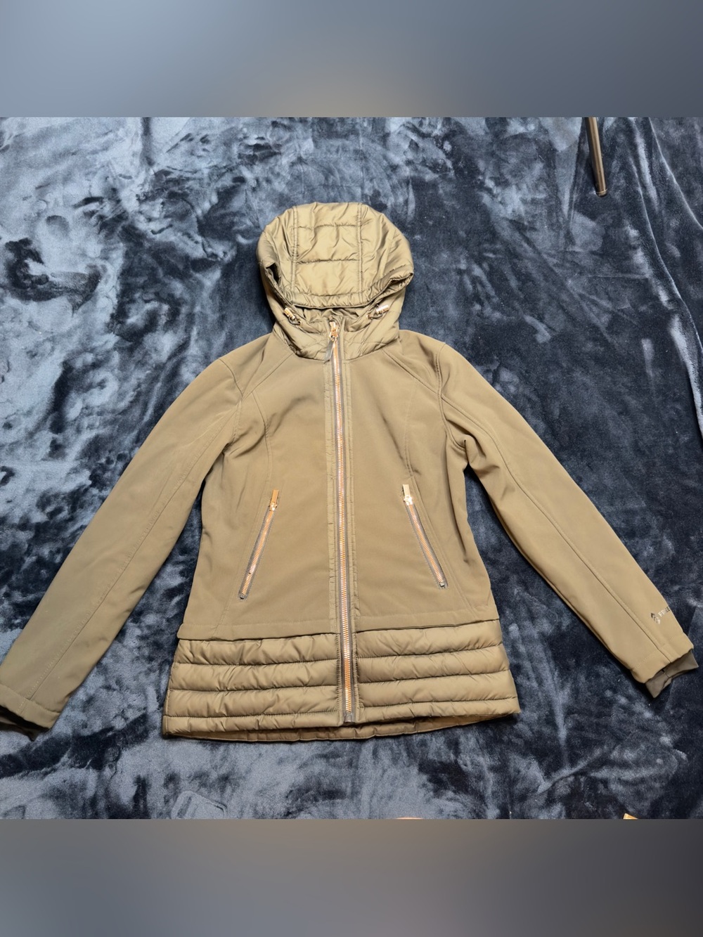Free Country Olive Hooded Quilted-Hem Softshell Jacket size S READ!